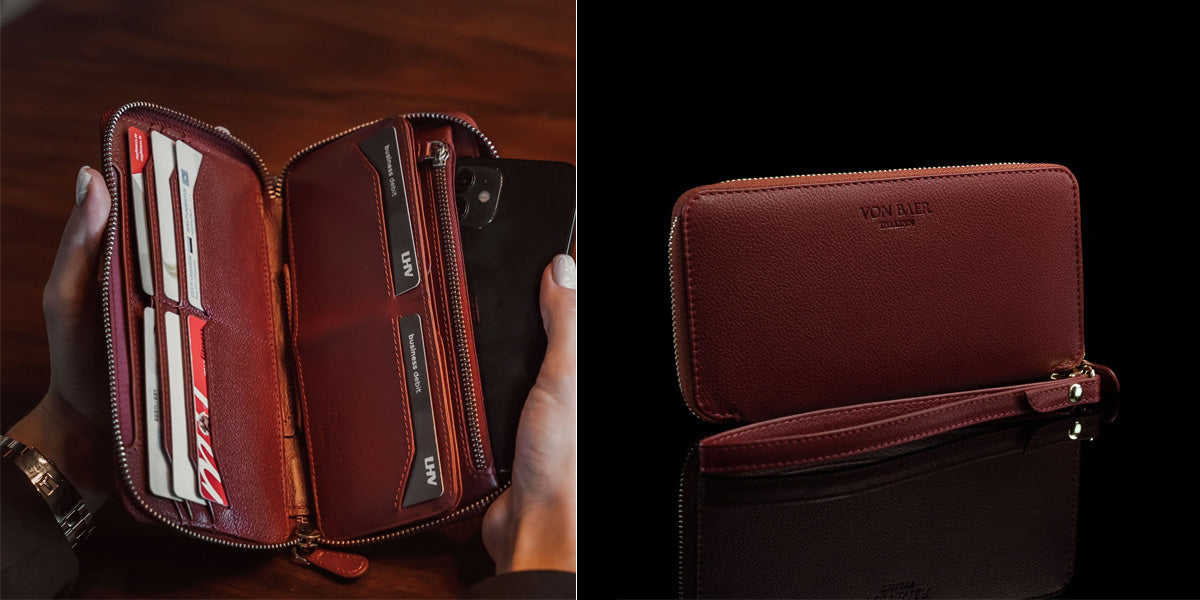 Leather on sale long wallet in pull up red color