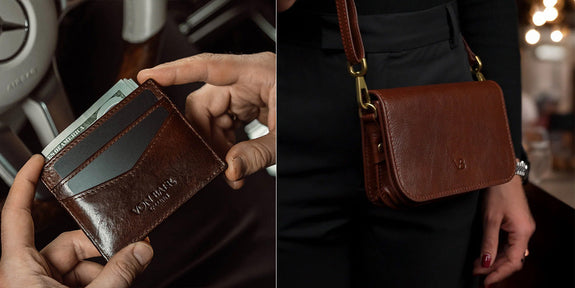 a leather card holder and a leather purse