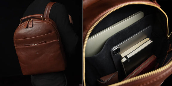 brown leather backpack filled with a laptop and tablet