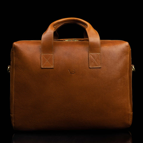 Essential modern briefcase full grain leather tan front view