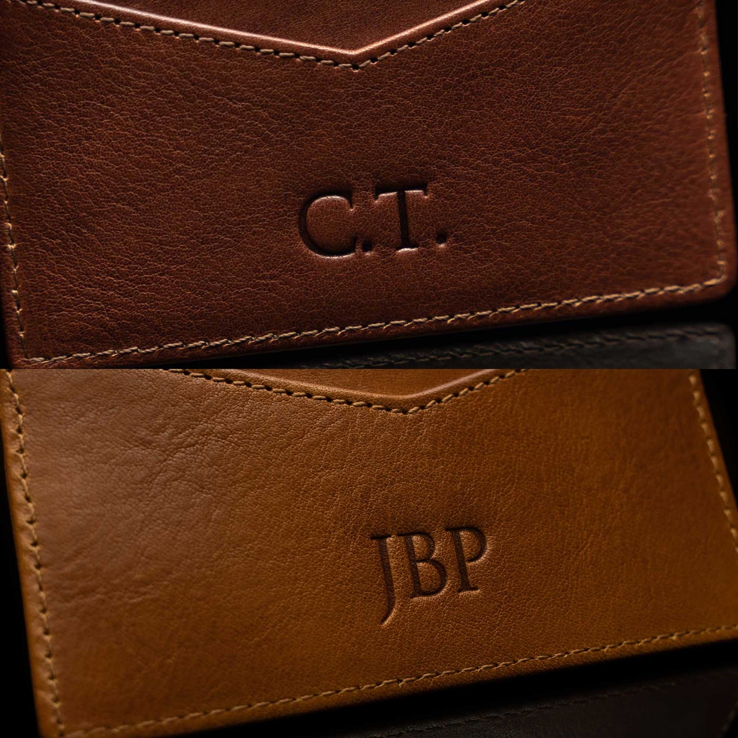 Example of embossing initials on a leather minimalist personalized cardholder by Von Baer, collage.