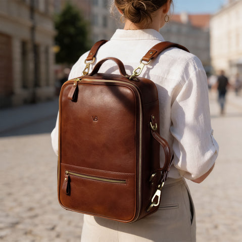 Von Baer 10X leather travel backpack laptop bag for women in Italy, quiet luxury style for professional travel and work.