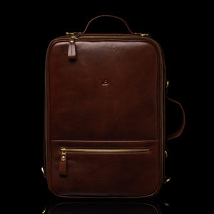 High-quality brown leather laptop travel bag for men, featuring a front view, made by Von Baer. Ideal for carrying laptops on trips with durable and stylish craftsmanship.