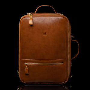 Von Baer 10x men's high-quality leather laptop travel bag in tan, featuring a clean and sophisticated front view, ideal for both business and travel needs.