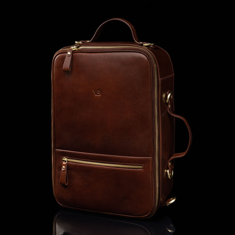 Von Baer 10x women's high-quality leather laptop travel bag in brown, half-turned view.