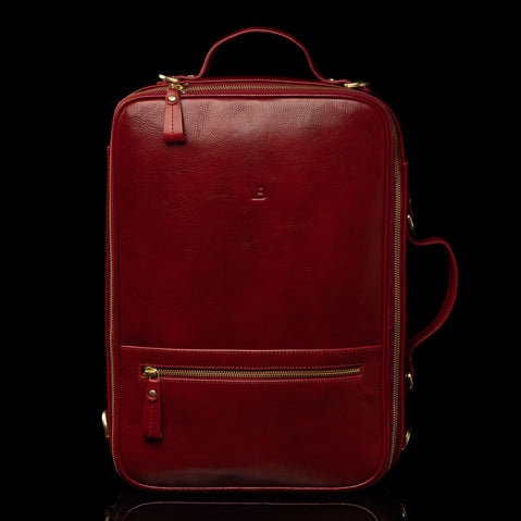 Von Baer 10x women's high-quality leather laptop travel bag in red, front view.