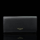Von Baer Allure large black full-grain leather accordion wallet with RFID protection and gold-tone branding, shown in a front view against a black background.