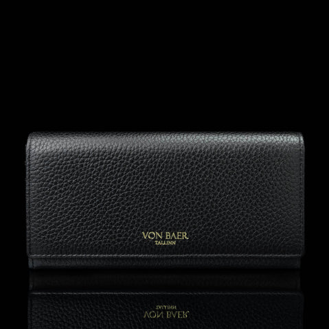 Von Baer Allure large black full-grain leather accordion wallet with RFID protection and gold-tone branding, shown in a front view against a black background.