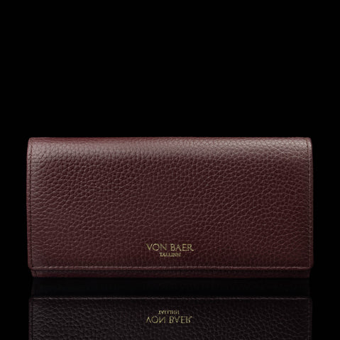 Von Baer Allure large burgundy full-grain leather accordion wallet with RFID protection and gold-tone branding, shown in a front view against a black background.