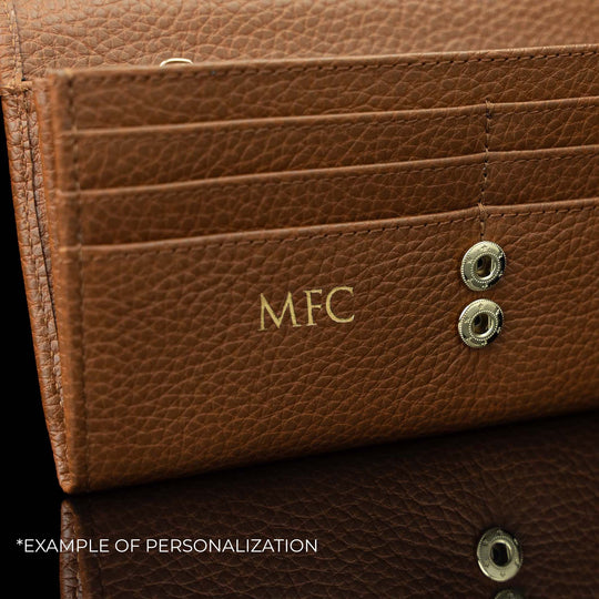 Von Baer Allure large cognac tan full-grain leather accordion wallet with RFID protection, featuring personalized embossed gold initials 