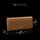 Von Baer Allure large cognac tan full-grain leather accordion wallet with RFID protection, shown in a half-turned view highlighting product dimensions.