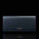Von Baer Allure large navy blue full-grain leather accordion wallet with RFID protection and gold-tone branding, shown in a front view against a black background.