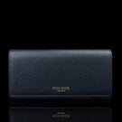 Von Baer Allure large navy blue full-grain leather accordion wallet with RFID protection and gold-tone branding, shown in a front view against a black background.