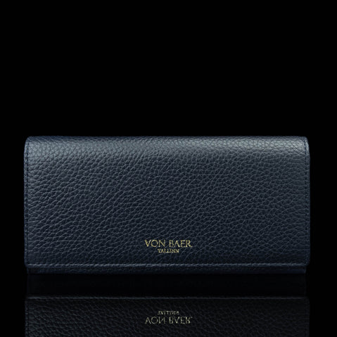 Von Baer Allure large navy blue full-grain leather accordion wallet with RFID protection and gold-tone branding, shown in a front view against a black background.