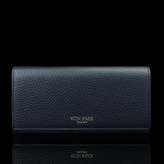 Von Baer Allure large navy blue full-grain leather accordion wallet with RFID protection and gold-tone branding, shown in a front view against a black background.
