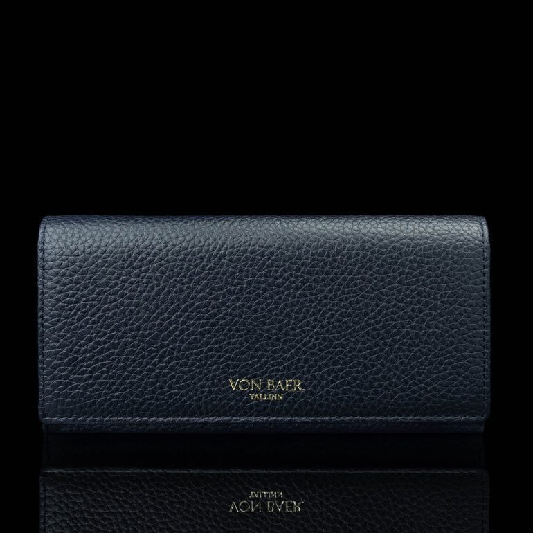 Von Baer Allure large navy blue full-grain leather accordion wallet with RFID protection and gold-tone branding, shown in a front view against a black background.