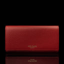 Von Baer Allure large red full-grain leather accordion wallet with RFID protection and gold-tone branding, shown in a front view against a black background.