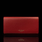 Von Baer Allure large red full-grain leather accordion wallet with RFID protection and gold-tone branding, shown in a front view against a black background.