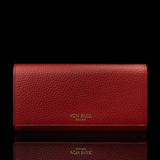 Von Baer Allure large red full-grain leather accordion wallet with RFID protection and gold-tone branding, shown in a front view against a black background.