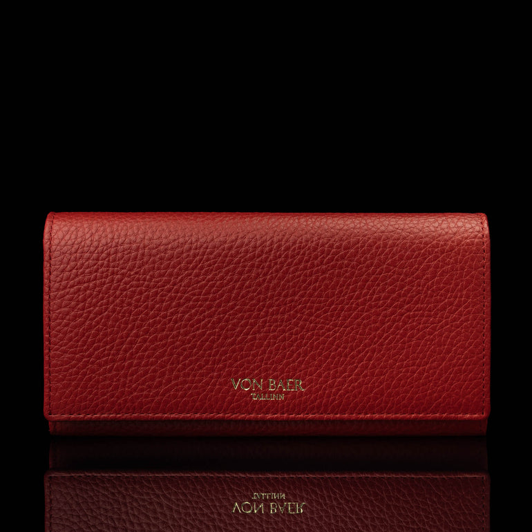 Von Baer Allure large red full-grain leather accordion wallet with RFID protection and gold-tone branding, shown in a front view against a black background.