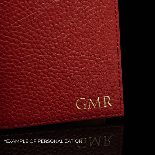 Luxury full grain leather passport holder with gold foil embossed initials, personalization example