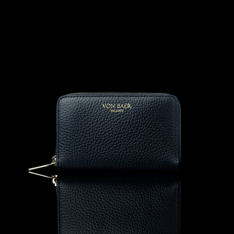 Von Baer Celeste small navy blue full-grain leather zip-around wallet with gold-tone branding, displayed in a front view against a black background.