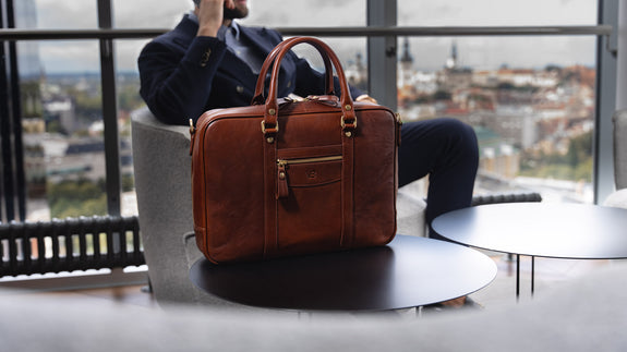 Brown Leather Laptop Bag - Von Baer City Business (with Male Model)