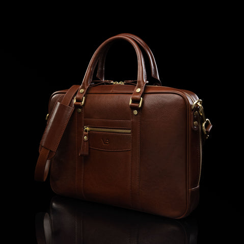 Brown Leather Laptop Bag with Shoulder Strap - Von Baer City Business Luxury (Half-Turned View)