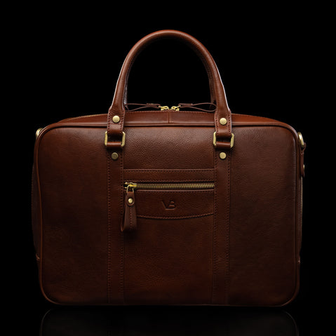 Von Baer City business luxury leather laptop bag for women in solid brown, front view.