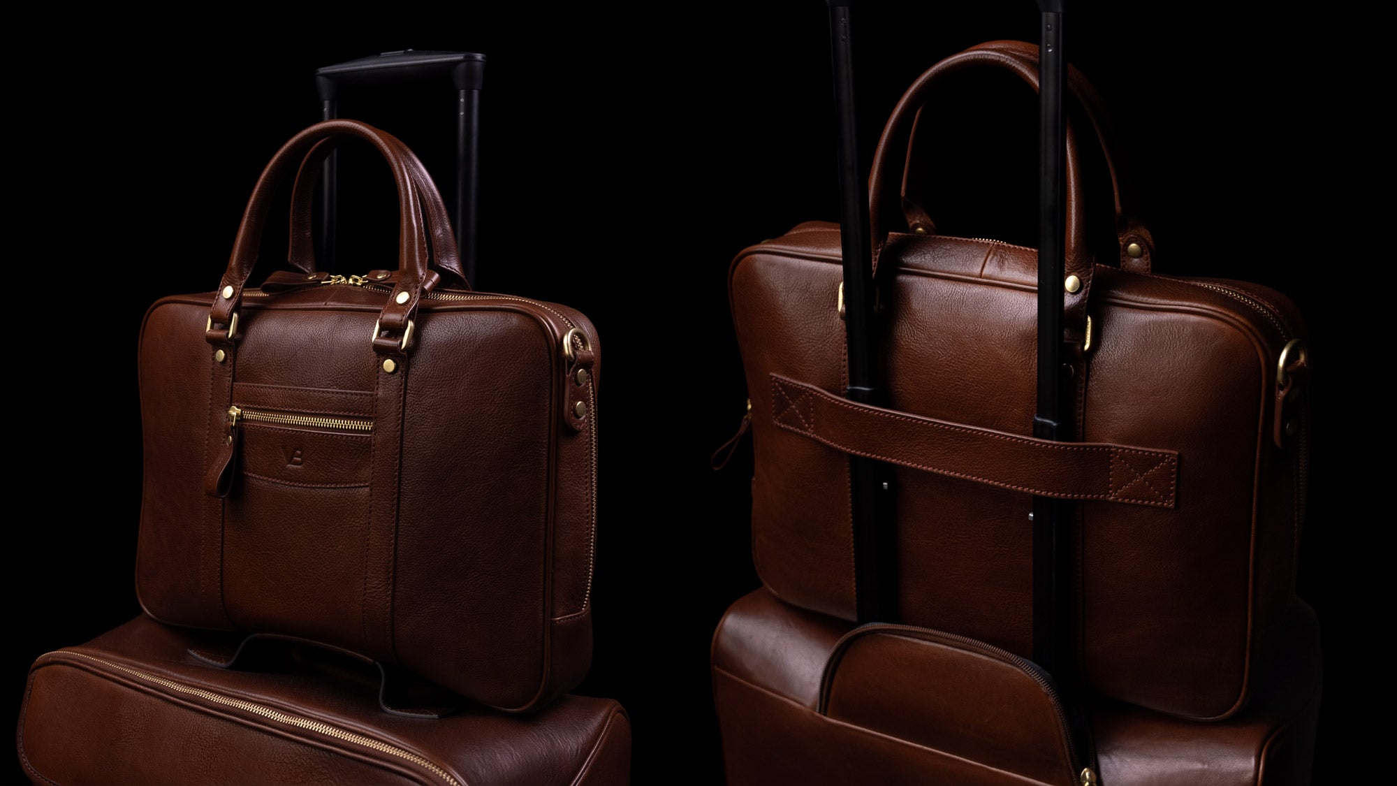 Von Baer City leather laptop bag for travel, featuring a luggage strap on trolley luggage