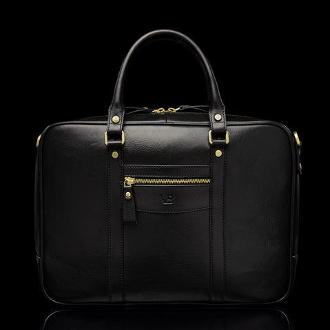 Von Baer City Luxury Leather Laptop Bag in black, front view.