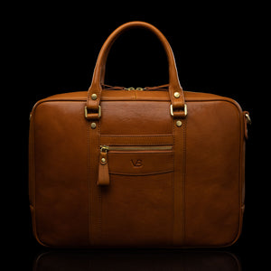 Von Baer City luxury leather laptop bag for women in tan, front view.