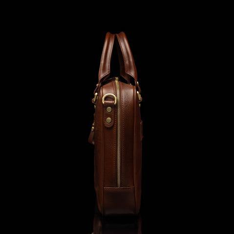 Von Baer City Luxury leather laptop bag side view showcasing elegant craftsmanship and premium leather design.