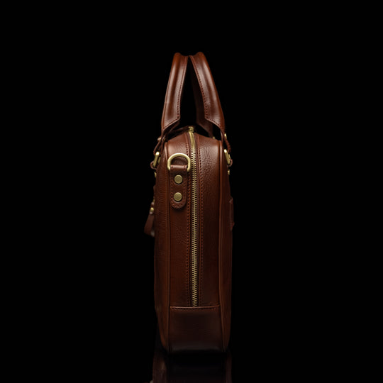 Von Baer City Luxury leather laptop bag side view showcasing elegant craftsmanship and premium leather design.