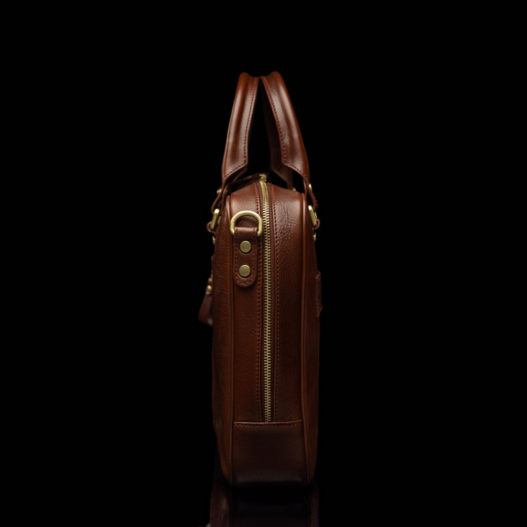Von Baer City Luxury leather laptop bag side view showcasing elegant craftsmanship and premium leather design.