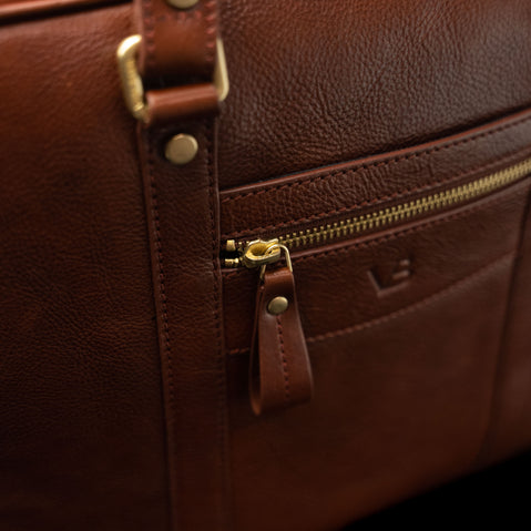 Von Baer City premium brown business leather laptop bag for women, featuring a front zipped pocket.