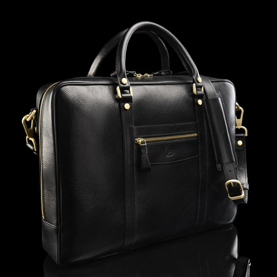 von baer city top large leather mens laptop bag for work black with shoulder strap