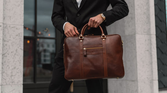 von baer city top luxurious large leather mens laptop bag for work brown carried by male model slider 3