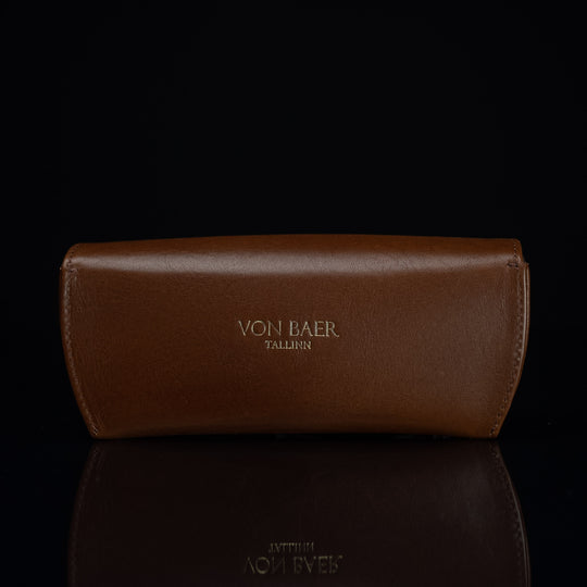 A rear view of a brown Von Baer Deluxe luxury leather glasses case.