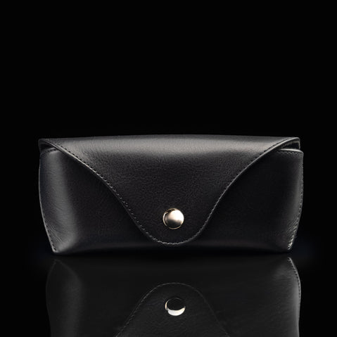 A front view of a black Von Baer Deluxe luxury leather glasses case for women.