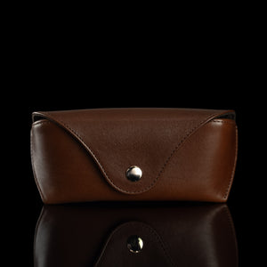 A front view of a brown Von Baer Deluxe luxury leather glasses and sunglasses case for women.