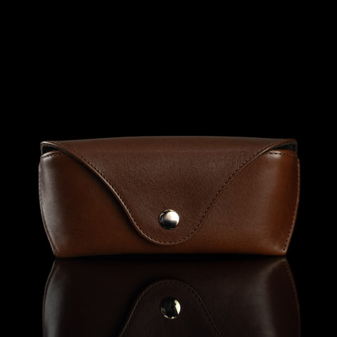 A front view of a brown Von Baer Deluxe luxury leather glasses and sunglasses case for women.