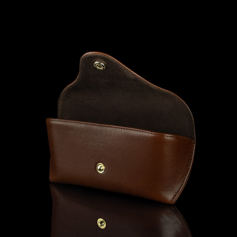 A brown Von Baer Deluxe luxury leather glasses and sunglasses case for women, shown open and half-turned.