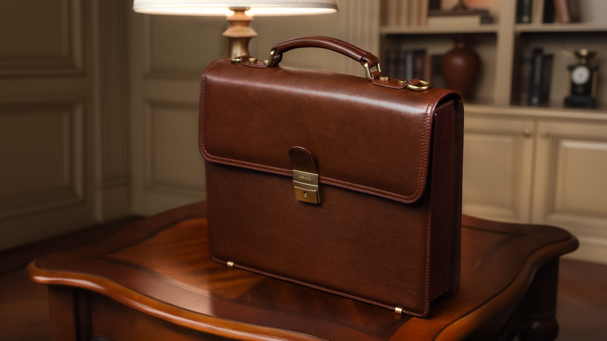 Von Baer diplomat luxurious premium compact full-grain leather briefcase for men in a luxury classic office for professional work.