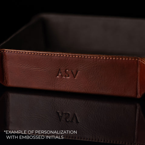 Von Baer durable full-grain leather valet tray for organizing essentials close-up with personalized embossed initials ASV