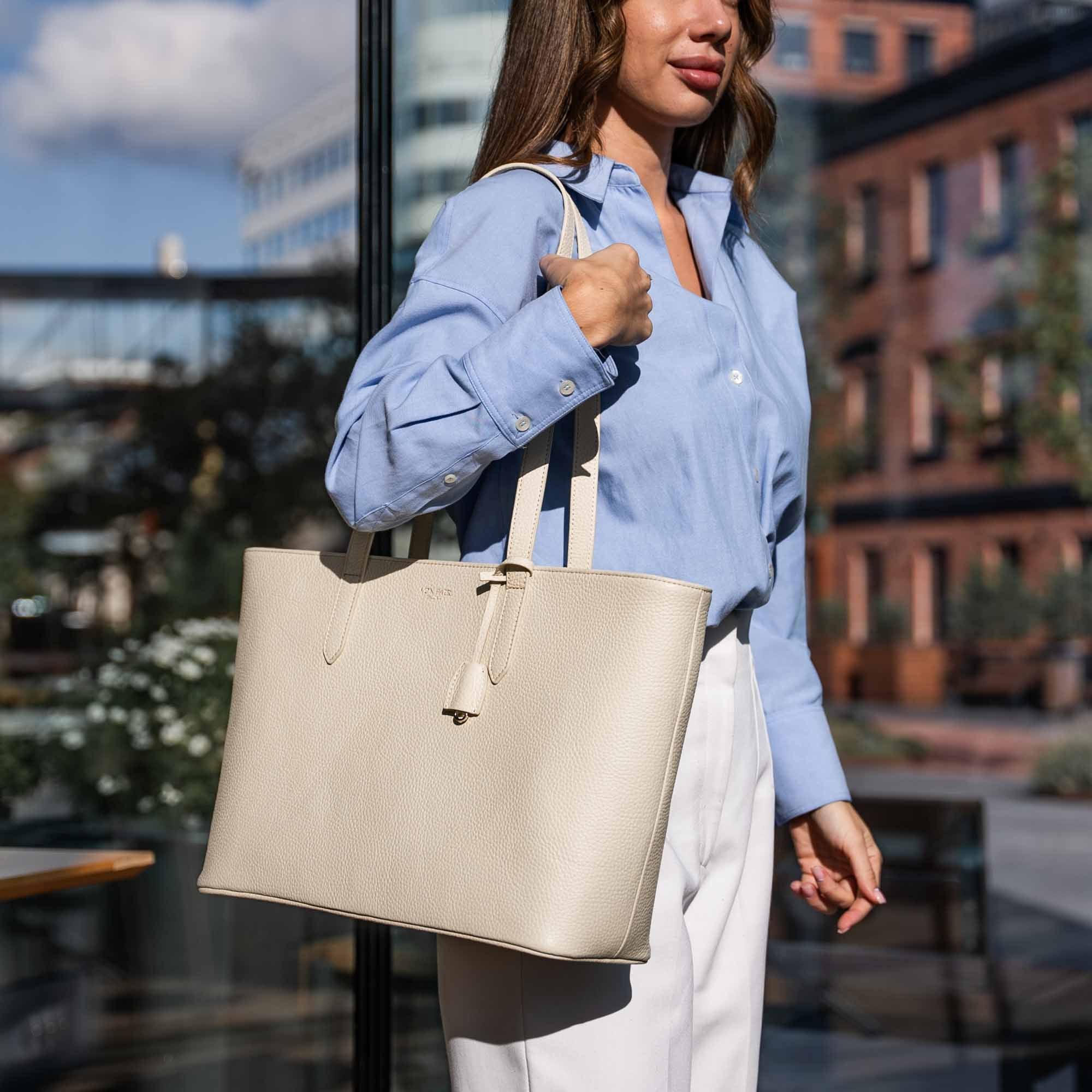 Luxury Leather Tote Bag for Women with a Zipper and 16-inch Laptop