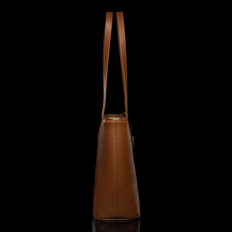 Von Baer Elegance cognac tan luxury leather tote bag half-turned side view