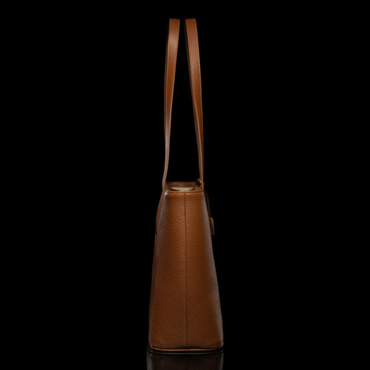 Von Baer Elegance cognac tan luxury leather tote bag half-turned side view