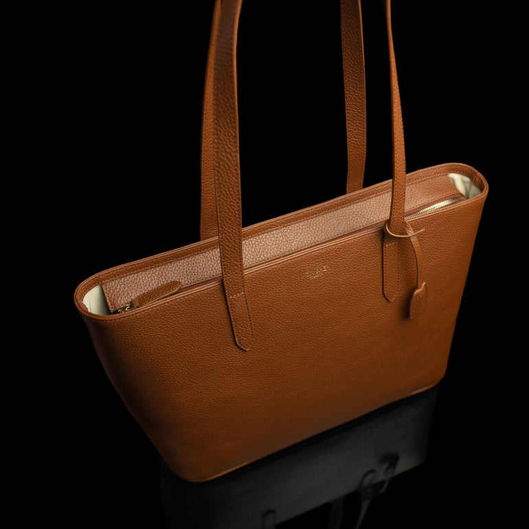 Von Baer Elegance cognac tan luxury leather tote bag upper view