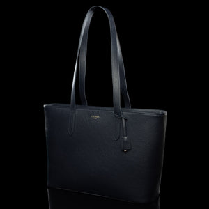Von Baer Elegance navy blue luxury leather tote bag half-turned view